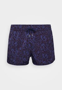 Shorts de bain pour hommes en bleu marine et violet foncé avec un motif abstrait, taille élastique, cordon de serrage ajustable et deux poches latérales.