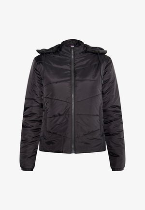 Juodas pūkų kailis su kapisonu, su užtrauktuku priekyje, elastinėmis rankovėmis ir įstrižine siuvinėjimo struktūra. Pagamintas iš lygios, blizgios medžiagos.