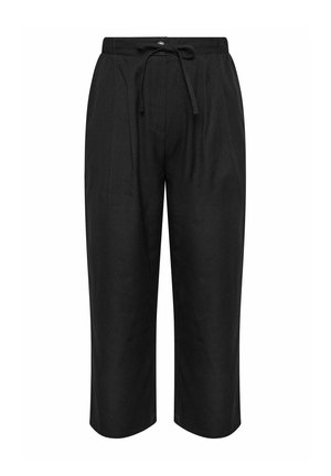 Sorte cropped bukser med en afslappet pasform, der har en snøre i taljen, plisseret design og glat tekstur. Ingen synlige lommer.