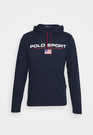 Sweat à capuche Polo Sport bleu marine à manches longues avec cordons rouges, texte ""POLO SPORT RALPH LAUREN"" et un petit graphisme du drapeau américain sur le devant.