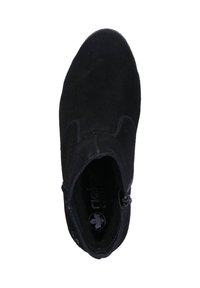 Black suede ankle boot with a rounded toe, slight stitching accents, and a side zipper for closure. Interior features brand logo.