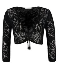 Black knitted cropped sweater with a deep V-neck, long sleeves, and an openwork design featuring geometric patterns. Ties at the front.