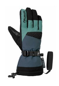 Winterhandschuh mit einem Design in Türkis, Schwarz und Dunkelblau. Verfügt über eine strukturierte Griffoberfläche, einen verstellbaren Handgelenkriemen und einen elastischen Bund für eine enge Passform.