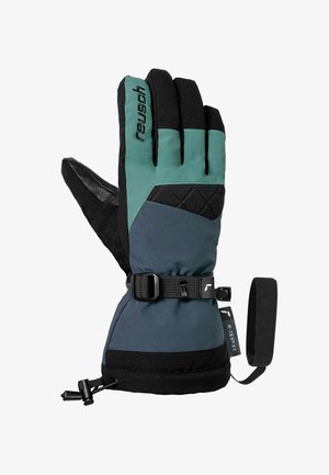Guanto invernale con un design teal, nero e blu scuro. Presenta una presa testurizzata, un cinturino regolabile per il polso e un polsino elastico per una vestibilità aderente.