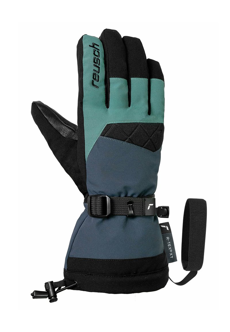 Winterhandschuh mit einem Design in Türkis, Schwarz und Dunkelblau. Verfügt über eine strukturierte Griffoberfläche, einen verstellbaren Handgelenkriemen und einen elastischen Bund für eine enge Passform.