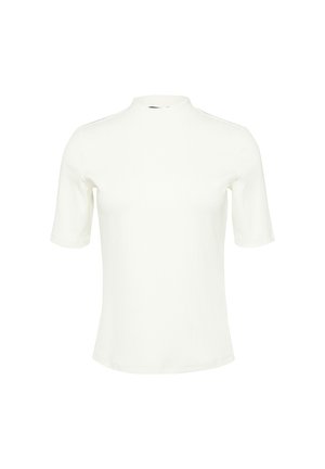 White ribbed short-sleeve top with a high neck. Features a fitted design and smooth texture, suitable for casual or layered wear.