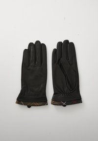 Luvas de couro pretas com punho franzido. Os punhos apresentam um tecido estampado em tons de castanho, amarelo e vermelho. Logotipo da marca em destaque no punho.