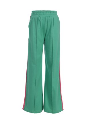 Groene wijd uitlopende broek met elastische tailleband en roze zijstrepen, gemaakt van zachte stof.