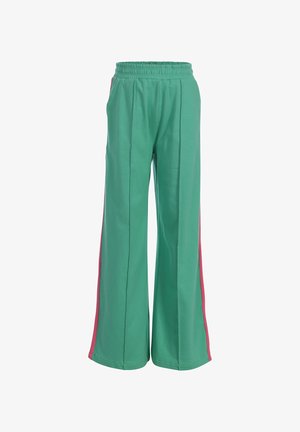 Groene wijd uitlopende broek met elastische tailleband en roze zijstrepen, gemaakt van zachte stof.