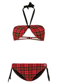 Rood en zwart geruit bikini set met een bandeau-top met een knoopdetail en strikjes, en bijpassende verstelbare zijstrik-botten.