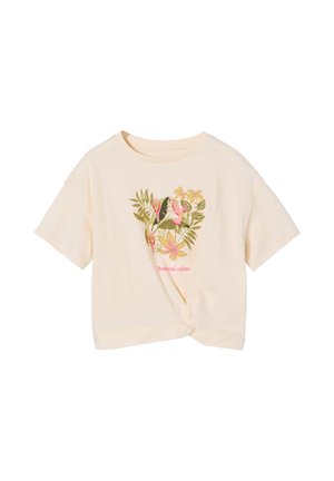 Cremefarbenes T-Shirt mit kurzen Ärmeln und Knoten auf der Vorderseite, mit grünen und pinken tropischen Blättern, Blumen und dem Schriftzug "tropical vibes".