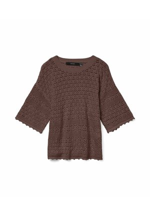 Bruine gehaakte gebreide top met geschulpte randen, brede ellebooglange mouwen en een ronde halslijn.