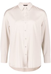 Camicia a maniche lunghe color crema in tessuto morbido, con colletto a punta, chiusura frontale con bottoni e orlo arrotondato per una vestibilità rilassata.