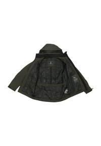 Donkergroene jas met een gevoerd interieur. Beschikt over een capuchon, een ritssluiting aan de voorkant, twee binnenzakken en een binnenlabel van het merk.