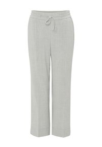 Pantalon en lin gris clair avec taille élastiquée et cordon, jambes droites et ourlets retroussés.