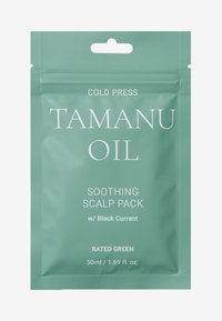 Grön förpackning som visar "Tamanuolja" med vit text. Innehåller "Lugnande hårbottenpack" och "med svarta vinbär". Volym: 50 ml / 1,69 fl. oz.
