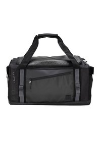 Borsa a tracolla nera realizzata in tessuto resistente, dotata di una tasca anteriore con zip, manici doppi e una tracolla regolabile. Inclusi dettagli testurizzati.