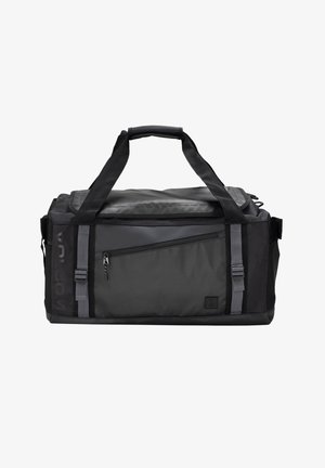 Black duffel bag made of durable fabric, featuring a zippered front pocket, dual handles, and adjustable shoulder strap. Textured accents included.
