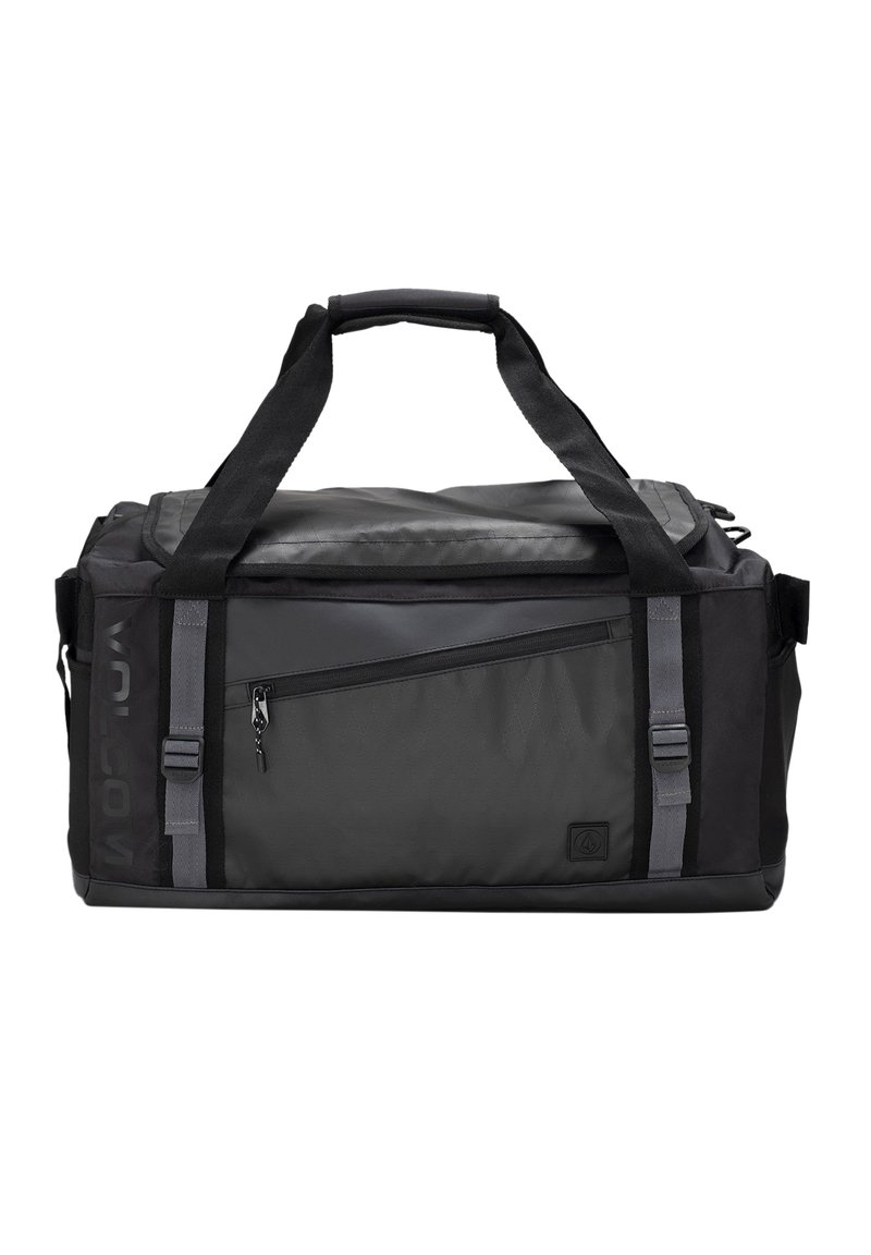 Borsa a tracolla nera realizzata in tessuto resistente, dotata di una tasca anteriore con zip, manici doppi e una tracolla regolabile. Inclusi dettagli testurizzati.