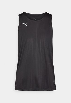 Fekete, ujjatlan sportpóló sima anyagból, kerek nyakkivágással, az alsó bal oldalon fehér logóval.