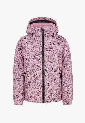 Rožinė pūkinė striukė su juoda taškuota rašto, užtrauktuku priekyje ir gobtuvu. Sukurta su tekstūruotomis panelėmis ir elastinėmis rankovėmis, kad būtų daugiau šilumos.