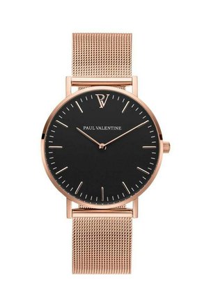 Black dial watch with rose gold steel mesh strap, minimalist design, slender hands, and small hour markers. Brand name displayed prominently.
