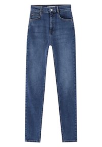 Jean skinny bleu taille haute avec poches avant, passants de ceinture et fermeture par bouton.