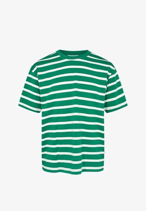 Groen-wit gestreept T-shirt met korte mouwen en een ronde hals. De stof lijkt glad met een lichte stretch. Duurzame stikseldetails.