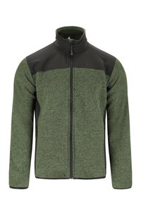 Grøn og sort fleecejakke med fuld lynlås, høj krave og lange ærmer, med sorte skulder- og sidepaneler.