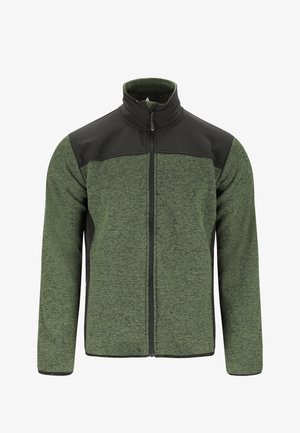 Grüne und schwarze Fleecejacke mit durchgehendem Reißverschluss, hohem Kragen und langen Ärmeln, mit schwarzen Schulter- und Seitenpaneelen.