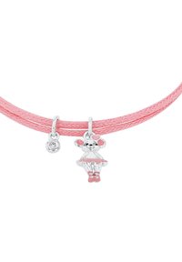 Collana in cuoio intrecciato rosa con charm di topolino d'argento vestito, arricchita con dettagli rosa e una piccola pietra preziosa trasparente.