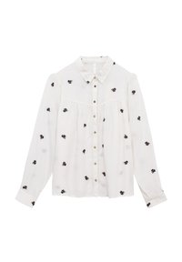 Blusa bianca a maniche lunghe con bottoni davanti, caratterizzata da ricami floreali in colori scuri. Tessuto testurizzato con colletto classico e maniche arricciate.