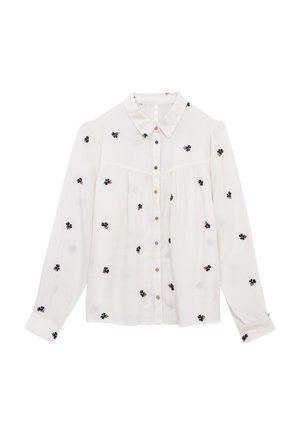 Blouse blanche à manches longues avec un devant boutonné, ornée de broderies florales aux couleurs sombres. Tissu texturé avec un col classique et des manches froncées.