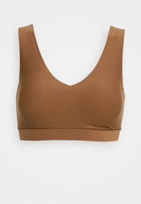 Brown, seamless bralette with a deep V-neck design and wide straps, made from stretchy, smooth material. No fastenings or detailing.
