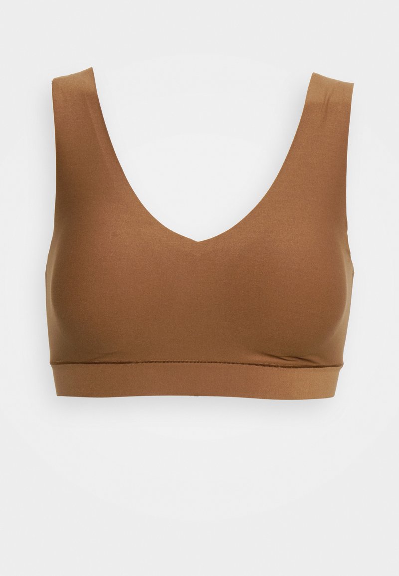 Bruine, naadloze bralette met een diepe V-halslijn en brede banden, gemaakt van rekbaar, glad materiaal. Geen sluitingen of details.