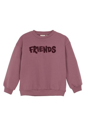 Lila Sweatshirt mit langen Ärmeln, gerippten Bündchen und Saum, mit strukturiertem schwarzen "FRIENDS"-Schriftzug über der Brust.