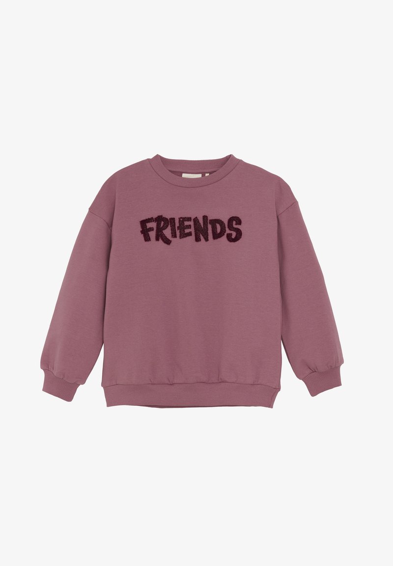 Lila sweatshirt med långa ärmar, ribbade mudd och fåll, med texturerad svart "FRIENDS"-text över bröstet.