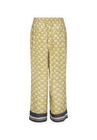 Pantaloni gialli a fantasia con vita elastica e tasche. Presentano un orlo a righe blu navy. Tessuto leggero con una consistenza liscia.