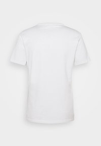 Biała bawełniana koszulka, krótkie rękawy, okrągły dekolt, gładki design, miękka faktura, prosty krój, bez nadruków ani wzorów. Wyświetlony widok z tyłu.