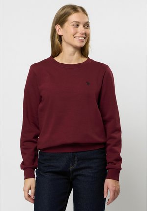 Burgundia värvi särk, mis on valmistatud pehmest puuvillast, ümmarguse kaelusega, soonikpihikutega ja väikese logo detailiga rinnal.