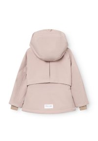 Veste rembourrée rose pâle avec une capuche amovible, des poignets élastiques et un patch logo en bas. Tissu lisse et léger avec un design court.