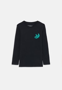 Schwarzes Langarm-T-Shirt aus Baumwolle mit einem türkisfarbenen Nashornkopf-Graphic auf der linken Brust. Rundhalsausschnitt und lässige Passform.