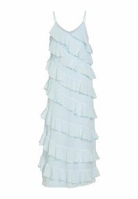 Lichtblauwe, mouwloze jurk met een gelaagd volantsontwerp. Heeft een V-halslijn en een zachte, vloeiende textuur over de hele lengte.