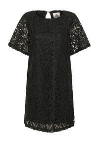 Top in pizzo nero con motivo floreale, maniche corte e chiusura a chiave sul retro. Tessuto morbido con una finitura leggermente lucente.