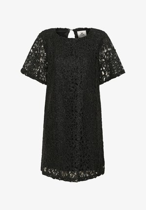 Juodas nėrinių marškinėliai su gėlių raštu, trumpomis rankovėmis ir uždarymu su skylute nugaroje. Minkšta tekstūra su šiek tiek blizgiu paviršiumi.