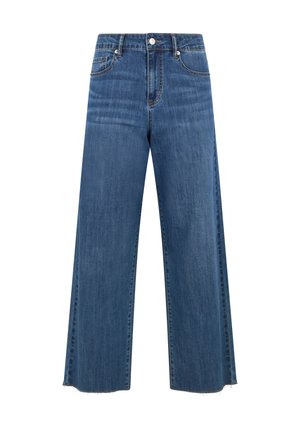 Jean bleu taille haute à jambes larges avec fermeture à boutons et glissière à l'avant, cinq poches, et détail d'ourlet brut.