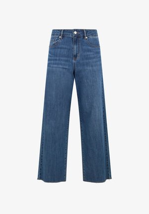 Jean bleu taille haute à jambes larges avec fermeture à boutons et glissière à l'avant, cinq poches, et détail d'ourlet brut.