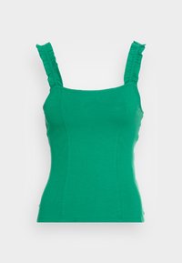 Top justo verde, com alças com babados e textura suave. Apresenta um decote quadrado e design sem emendas. Roupas casuais adequadas para sobreposições.