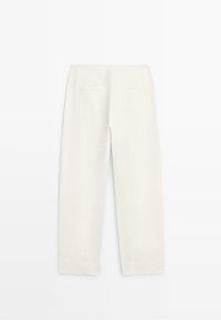 White straight-leg trousers with two rear welt pockets, displayed flat and viewed from the back.