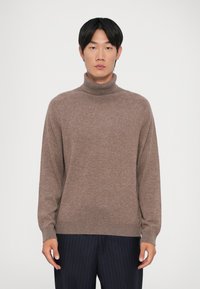 Brown turtleneck sweater made of soft knit material, featuring a relaxed fit and long sleeves. Worn over dark pinstriped pants.